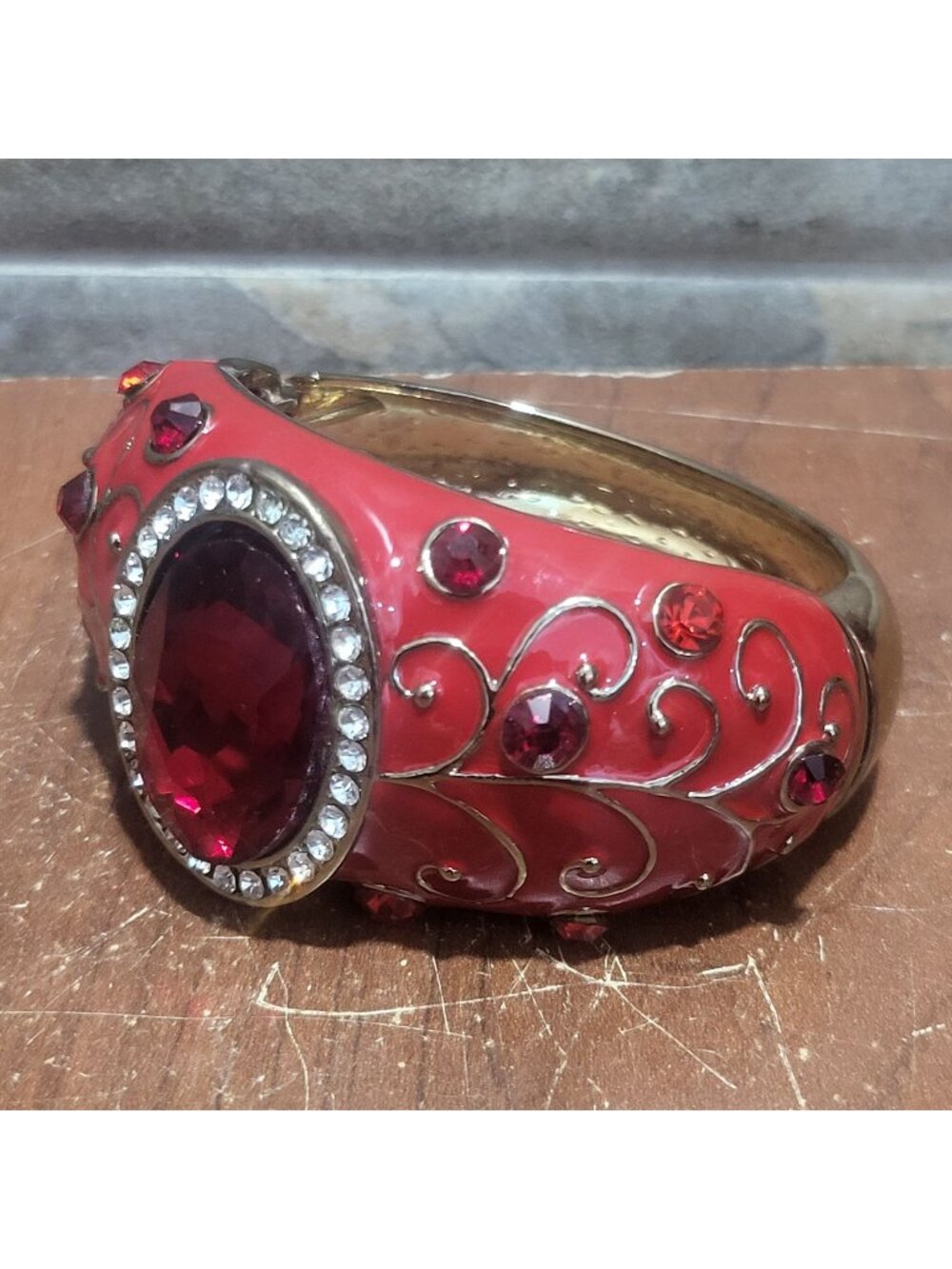Vintage Hinged Cuff Bracelet Gold Tone Red Enamel Red Cabochon Stones